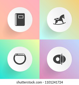 Modern, simple vector icon set on gradient backgrounds with notebook, pot, internet, object, toy, kitchen, wooden, bright, touch, smart, mobile, cooking, paper, rocking, wood, top, book, cute icons