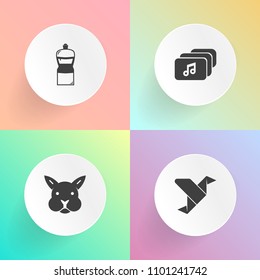 Modern, simple vector icon set on gradient backgrounds with housework, paper, craft, document, bucket, happy, domestic, house, cute, clean, geometric, rabbit, origami, video, decoration, file icons