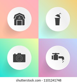 Modern, simple vector icon set on gradient backgrounds with water, camera, chrome, wash, tap, photo, birch, cup, equipment, farming, vintage, hygiene, coffee, sign, liquid, wet, outdoors, drink icons