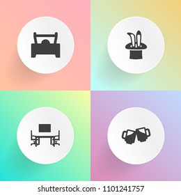 Modern, simple vector icon set on gradient backgrounds with magician, magic, drink, computer, cold, top, glass, white, mug, alcohol, automotive, workplace, pub, beer, notebook, space, blank, bar icons