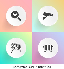 Modern, simple vector icon set on gradient backgrounds with equipment, store, surveillance, lollipop, swirl, lolly, sweet, energy, color, cold, temperature, sign, heat, casual, customer, food icons
