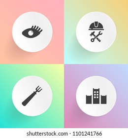 Modern, simple vector icon set on gradient backgrounds with luggage, construction, care, work, industry, smile, restaurant, key, hotel, meal, clean, occupation, kitchen, dinner, vacation, model icons
