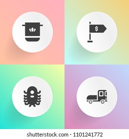 Modern, simple vector icon set on gradient backgrounds with ufo, fantasy, domestic, bank, humanoid, finance, monster, sign, towel, banking, character, alien, dry, trailer, business, cargo, money icons