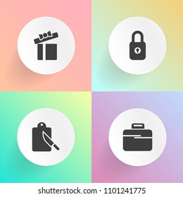 Modern, simple vector icon set on gradient backgrounds with suitcase, ribbon, fork, safety, sign, table, protection, business, box, christmas, equipment, cutlery, security, bag, love, lock, case icons