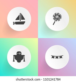 Modern, simple vector icon set on gradient backgrounds with computer, toy, mechanical, fun, banner, decoration, blue, 3d, white, robotic, science, holiday, food, colorful, happy, sweet, striped icons