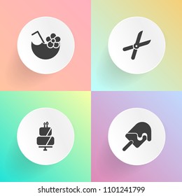 Modern, simple vector icon set on gradient backgrounds with bar, blade, chocolate, cocktail, delicious, dessert, tropical, lime, strawberry, baked, pastry, vanilla, sharp, party, shears, metal icons