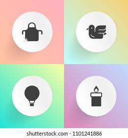 Modern, simple vector icon set on gradient backgrounds with decoration, skydiving, candle, parachute, air, christmas, bird, apron, burn, restaurant, apparel, clothing, light, flight, kitchen icons