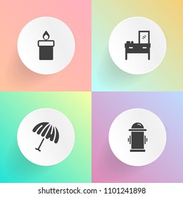 Modern, simple vector icon set on gradient backgrounds with emergency, furniture, storage, umbrella, rain, weather, fire, cabinet, beach, hydrant, wood, interior, street, object, city, equipment icons