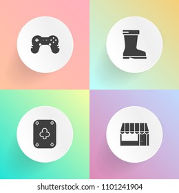 Modern, simple vector icon set on gradient backgrounds with buy, shop, poker, technology, clothing, walking, button, sign, video, computer, retail, foot, cart, lifestyle, wear, consumer, vegas icons