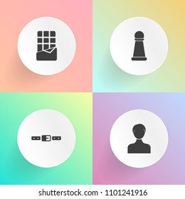 Modern, simple vector icon set on gradient backgrounds with profile, king, queen, web, knight, user, game, buckle, chocolate, strap, play, login, delicious, competition, fasten, person, food icons