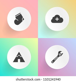 Modern, simple vector icon set on gradient backgrounds with travel, repair, wooden background, camp, nature, leisure, clothes, adventure, add, socks, fashion, internet, metal, upload, industry icons