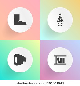 Modern, simple vector icon set on gradient backgrounds with musical, party, happy, sound, library, textbook, clown, smile, funny, school, foot, costume, footwear, acoustic, shoe, string, guitar icons