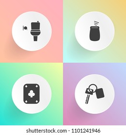 Modern, simple vector icon set on gradient backgrounds with remote, poker, card, control, sound, acoustic, male, automobile, bathroom, play, wc, restroom, gambling, auto, gender, key, gamble icons