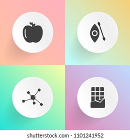 Modern, simple vector icon set on gradient backgrounds with river, molecule, food, graphic, fresh, water, gourmet, tasty, vegetarian, shape, delicious, adventure, snack, sweet, chocolate, kayak icons
