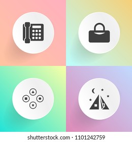 Modern, simple vector icon set on gradient backgrounds with sign, bag, telephone, service, travel, fitness, hiking, vacation, adventure, video, computer, equipment, sport, technology, play, game icons