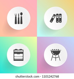 Modern, simple vector icon set on gradient backgrounds with kitchen, outdoor, equipment, food, archive, cutlery, meat, grill, stove, home, business, spoon, directory, document, hot, party, meal icons