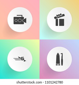 Modern, simple vector icon set on gradient backgrounds with aviation, clean, aircraft, toothpaste, flight, airplane, handle, lens, health, gift, movie, transportation, trip, camcorder, medicine icons