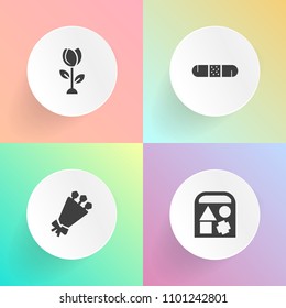 Modern, simple vector icon set on gradient backgrounds with pharmacy, rose, floral, bandage, hospital, emergency, nature, blossom, ball, horse, garden, baby, care, game, bouquet, flower, bunch icons