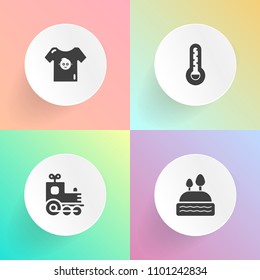 Modern, simple vector icon set on gradient backgrounds with clothing, chocolate, fahrenheit, temperature, bakery, cookie, food, cake, girl, sign, cafe, locomotive, railroad, rail, kid, sweet icons