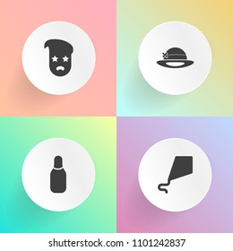 Modern, simple vector icon set on gradient backgrounds with cap, kite, style, sign, cone, happy, hipster, bowling, child, background, bowling ball, game, fashion, object, art, leisure, fly, toy icons