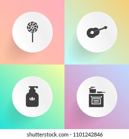 Modern, simple vector icon set on gradient backgrounds with dessert, cooking, care, stove, body, house, instrument, candy, bottle, cook, food, striped, colorful, oven, stick, white, appliance icons