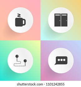 Modern, simple vector icon set on gradient backgrounds with dialog, pointer, web, position, navigation, travel, house, chat, cup, direction, home, open, entrance, speak, beverage, speech, place icons