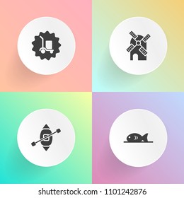 Modern, simple vector icon set on gradient backgrounds with chicken, delivery, windmill, truck, mill, soup, coffee, boat, wind, electric, bread, power, travel, sailboat, transportation, marine icons