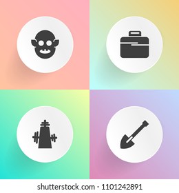 Modern, simple vector icon set on gradient backgrounds with instrument, invaders, monster, tool, white, drill, business, character, old, spaceship, equipment, shovel, extraterrestrial, sign, saw icons