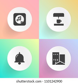 Modern, simple vector icon set on gradient backgrounds with melody, doorbell, property, estate, office, bell, architecture, call, silhouette, city, household, cup, maker, concept, graphic, note icons