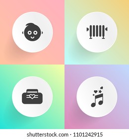 Modern, simple vector icon set on gradient backgrounds with child, young, bag, clef, childhood, travel, accessory, home, kid, equipment, graphic, handbag, melody, key, modern, style, leather icons