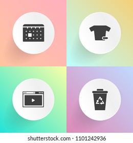 Modern, simple vector icon set on gradient backgrounds with date, container, apparel, pollution, garbage, web, time, environment, t-shirt, schedule, clothing, ecology, office, can, rubbish, sign icons
