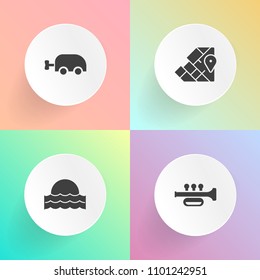 Modern, simple vector icon set on gradient backgrounds with atlas, sunny, childhood, travel, carriage, concert, beautiful, sun, jazz, outdoor, musical, horn, sound, landscape, sunrise, light icons