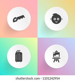 Modern, simple vector icon set on gradient backgrounds with suitcase, people, saw, girl, beautiful, carpentry, steel, painter, artistic, artist, art, happy, paint, bag, childhood, cute, palette icons