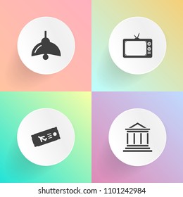 Modern, simple vector icon set on gradient backgrounds with video, investment, tourism, vacation, power, tourist, flight, light, architecture, safe, electric, airport, building, media, financial icons