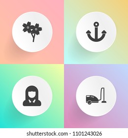 Modern, simple vector icon set on gradient backgrounds with domestic, marine, vacuum, young, naval, girl, japan, pretty, sakura, cleaner, dust, beauty, anchor, portrait, beautiful, flower, lady icons