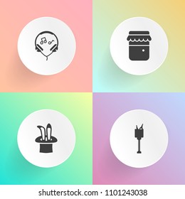 Modern, simple vector icon set on gradient backgrounds with sound, party, technology, pot, headset, beverage, jam, magician, wine, modern, wizard, hat, sign, food, show, glass, wand, star, ice icons