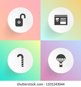 Modern, simple vector icon set on gradient backgrounds with sweet, key, skydiver, padlock, color, food, security, safe, colorful, lollipop, swirl, stick, landing, extreme, black, fly, password icons