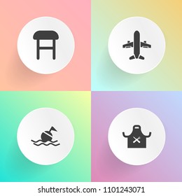 Modern, simple vector icon set on gradient backgrounds with cook, seat, security, flight, rescue, silhouette, help, aircraft, armchair, travel, chief, interior, white, kitchen, chair, belt, food icons