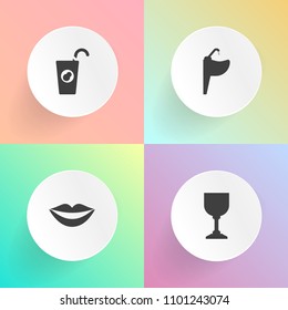 Modern, simple vector icon set on gradient backgrounds with cocktail, fruit, orange, drink, lips, organic, beauty, vitamin, water, tap, liquid, lipstick, sink, juice, equipment, mouth, girl, cup icons