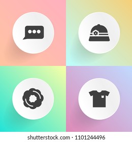 Modern, simple vector icon set on gradient backgrounds with fashion, clothes, shirt, message, cake, chat, cupcake, folded, dessert, business, bread, pastry, muffin, cookie, breakfast, sign, menu icons