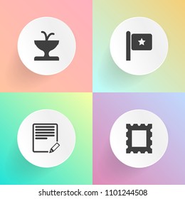 Modern, simple vector icon set on gradient backgrounds with blank, old, flag, frame, country, landmark, national, statue, vintage, nation, white, usa, water, writer, fountain, modern, write, red icons
