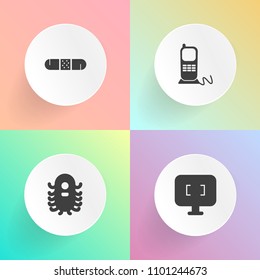 Modern, simple vector icon set on gradient backgrounds with medicine, phone, emergency, character, bandage, telephone, science, hospital, medical, health, space, monster, monitor, white, fiction icons