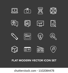 Modern, simple vector icon set on dark background with product, camera, musical, audio, sand, bulb, account, electricity, cooking, technology, template, laptop, internet, packaging, record, bat icons