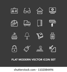 Modern, simple vector icon set on dark background with protection, sale, upstairs, light, bag, food, interior, paper, label, person, lamp, tomato, button, downstairs, estate, sign, woman, up icons