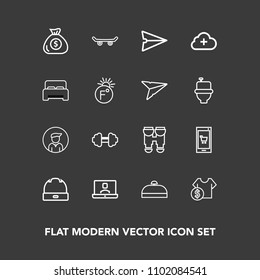 Modern, simple vector icon set on dark background with skater, money, technology, cost, workout, extreme, skate, trip, fashion, mobile, head, hat, cap, gym, exercise, optical, email, vision, boy icons
