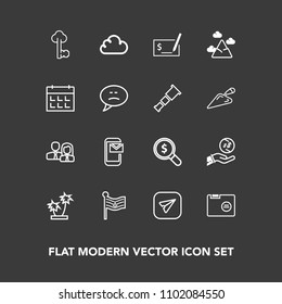 Modern, simple vector icon set on dark background with business, vintage, pay, metal, check, money, internet, file, phone, summer, staff, palm, office, cloud, nation, mail, national, investment icons
