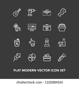 Modern, simple vector icon set on dark background with strategy, index, hand, chart, wine, summer, food, bugle, background, work, graph, computer, game, chessboard, conference, drill, music, pie icons
