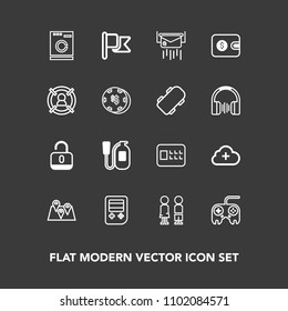 Modern, simple vector icon set on dark background with envelope, flag, cloud, road, pin, housework, wallet, message, protection, add, open, mail, letter, location, lock, security, safe, purse icons