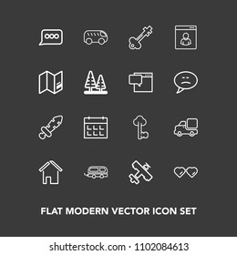 Modern, simple vector icon set on dark background with chat, transportation, truck, schedule, metal, aircraft, move, airplane, key, vehicle, white, lorry, vintage, timetable, highway, bus, sun icons