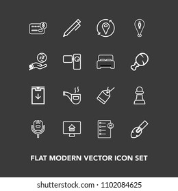 Modern, simple vector icon set on dark background with equipment, chess, music, game, microphone, card, property, bank, label, download, voice, paper, online, house, chessboard, balance, human icons